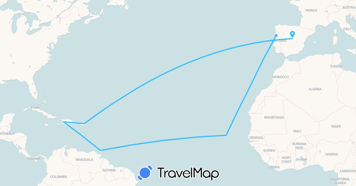 TravelMap itinerary: driving, boat in Cape Verde, Spain, Haiti, Puerto Rico, Portugal, Trinidad and Tobago (Africa, Europe, North America)